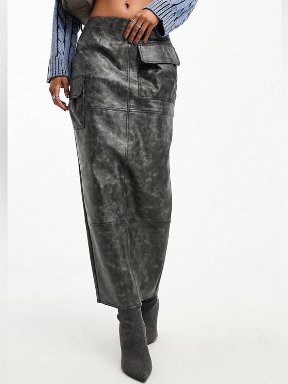 ASOS DESIGN Faux Leather Utility Midi Pencil Skirt Washed Black Size 6